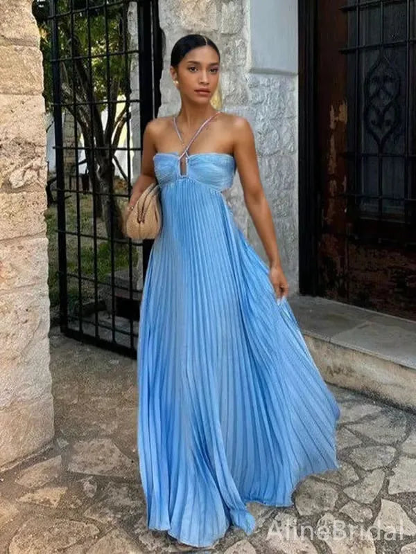 Cut-Out Back Tie Halter Plisse Maxi Dress