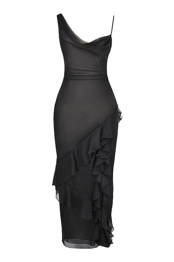 Black Noir Cascade Ruffle Maxi Dress
