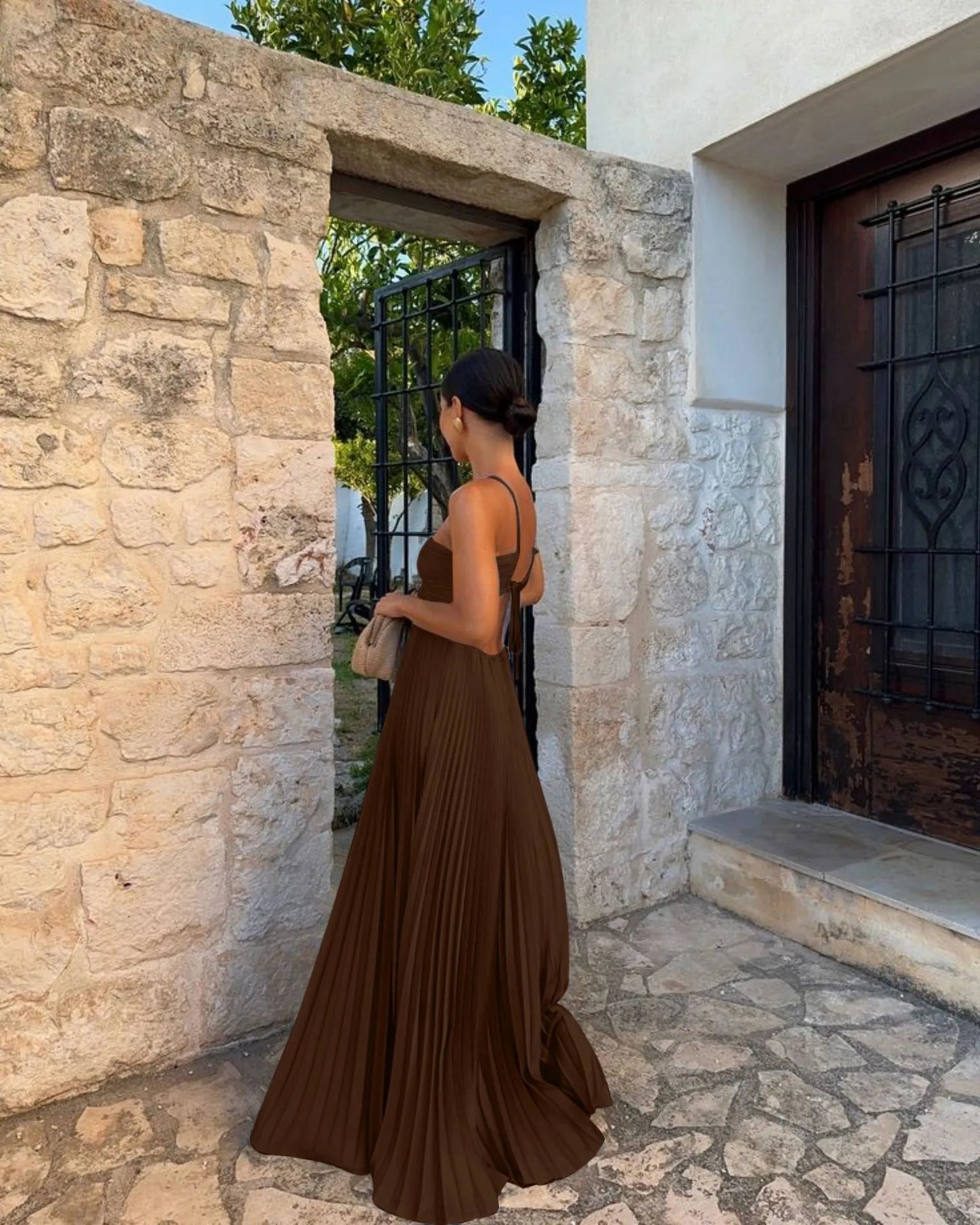 Cut-Out Back Tie Halter Plisse Maxi Dress