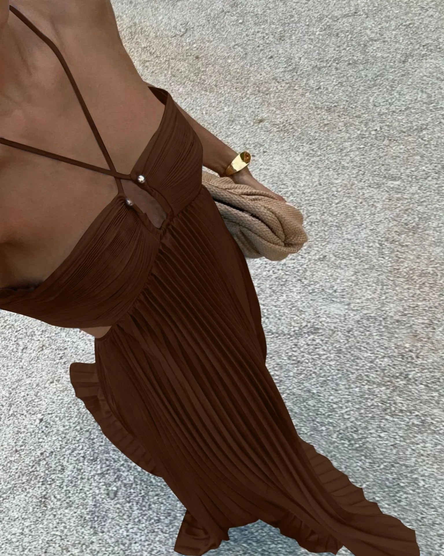 Cut-Out Back Tie Halter Plisse Maxi Dress