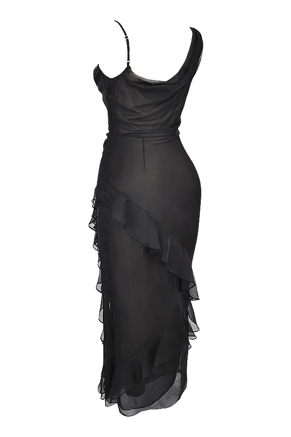 Black Noir Cascade Ruffle Maxi Dress