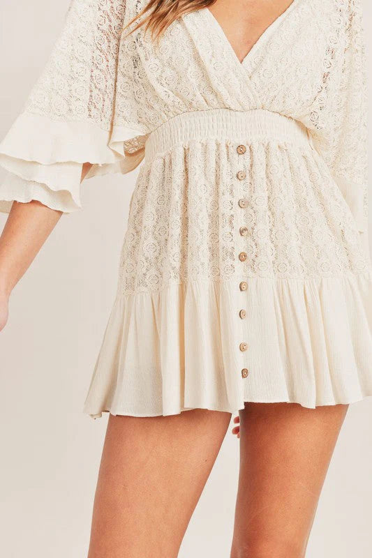 Cream Bohemian Lace Crochet Romper - Elastic Waist with Button Detailing