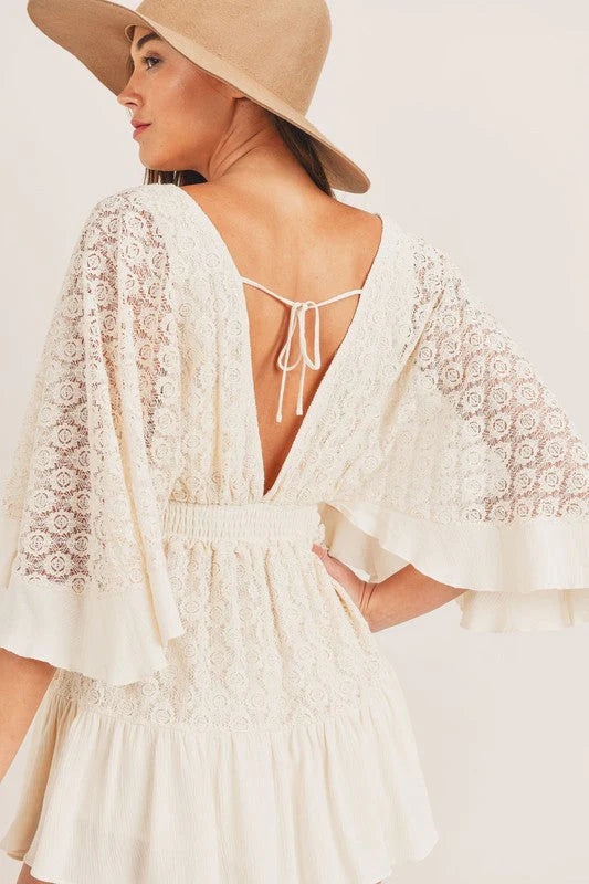 Cream Bohemian Lace Crochet Romper - Elastic Waist with Button Detailing