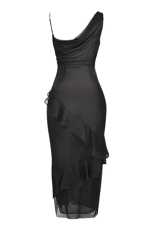 Black Noir Cascade Ruffle Maxi Dress