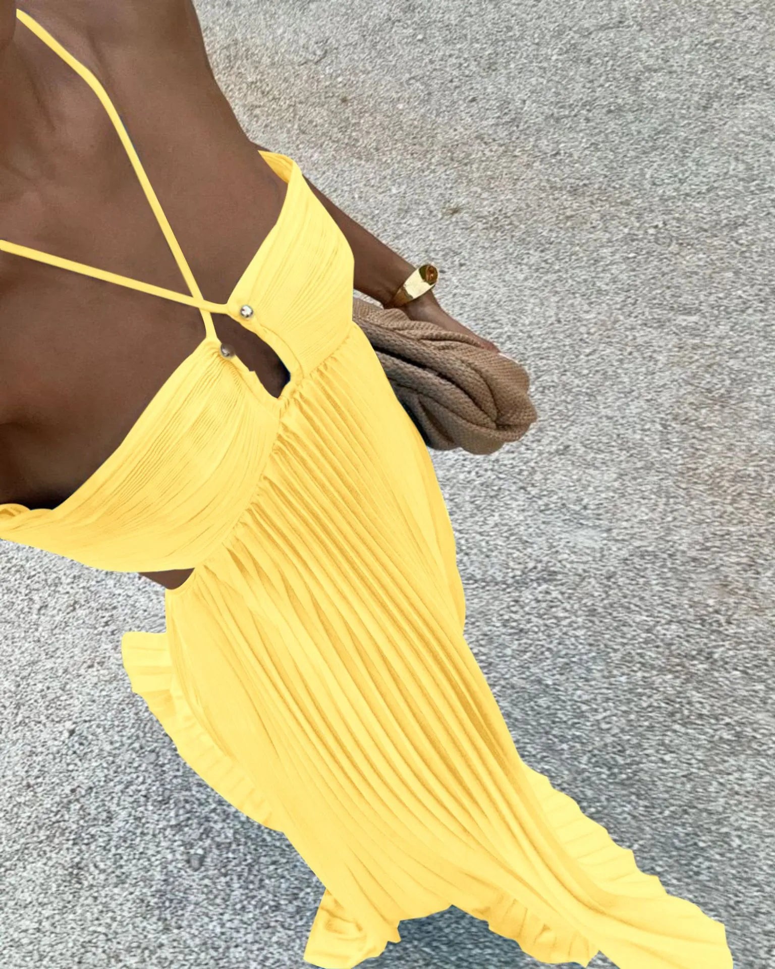 Cut-Out Back Tie Halter Plisse Maxi Dress