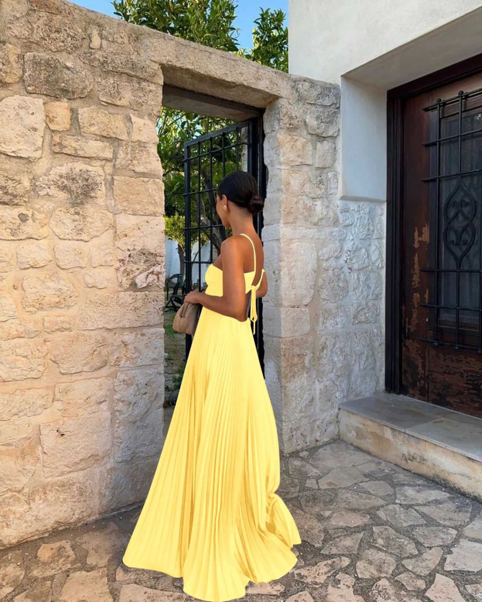 Cut-Out Back Tie Halter Plisse Maxi Dress