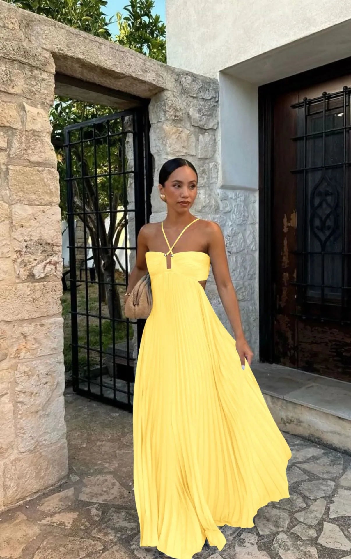 Cut-Out Back Tie Halter Plisse Maxi Dress