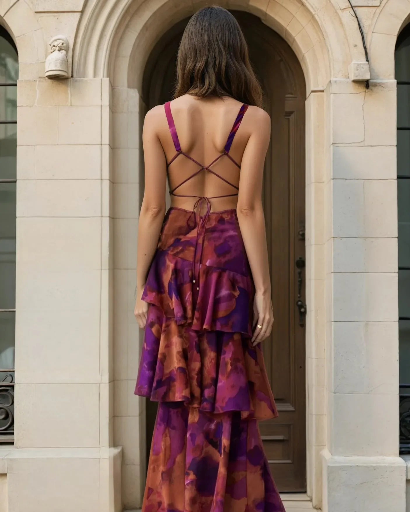 Sleeveless Deep V-Neck Floral Print Tiered Ruffle Dress - Strappy Back Detail
