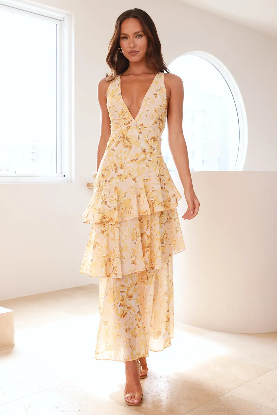 Sleeveless Deep V-Neck Floral Print Tiered Ruffle Dress - Strappy Back Detail