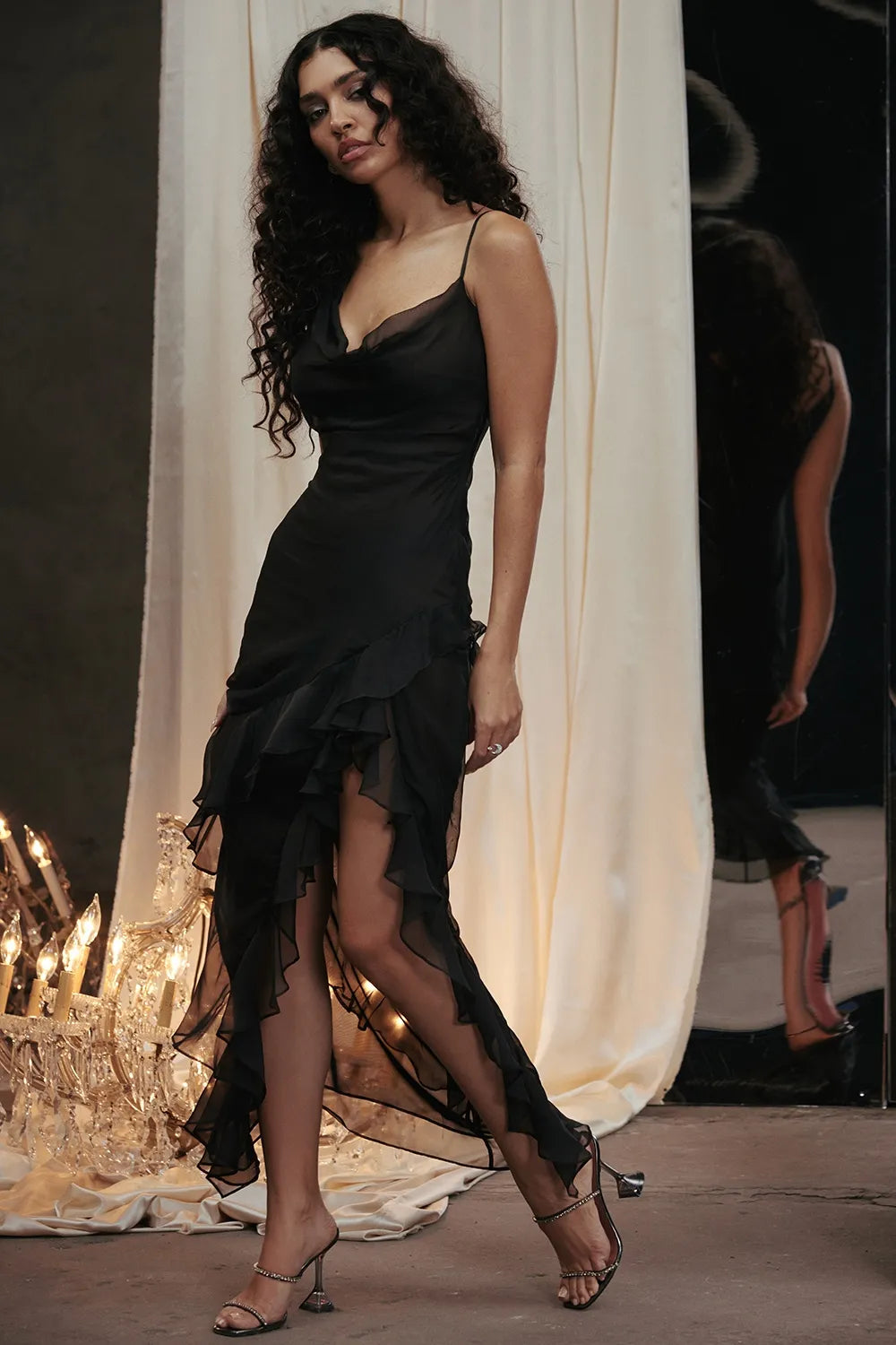 Black Noir Cascade Ruffle Maxi Dress
