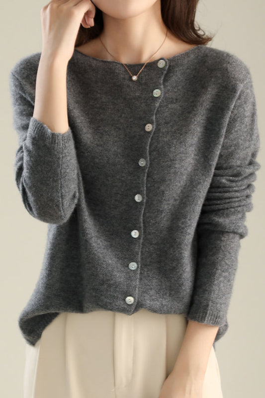 Casual loose round neck knit cardigan with single row of buttons