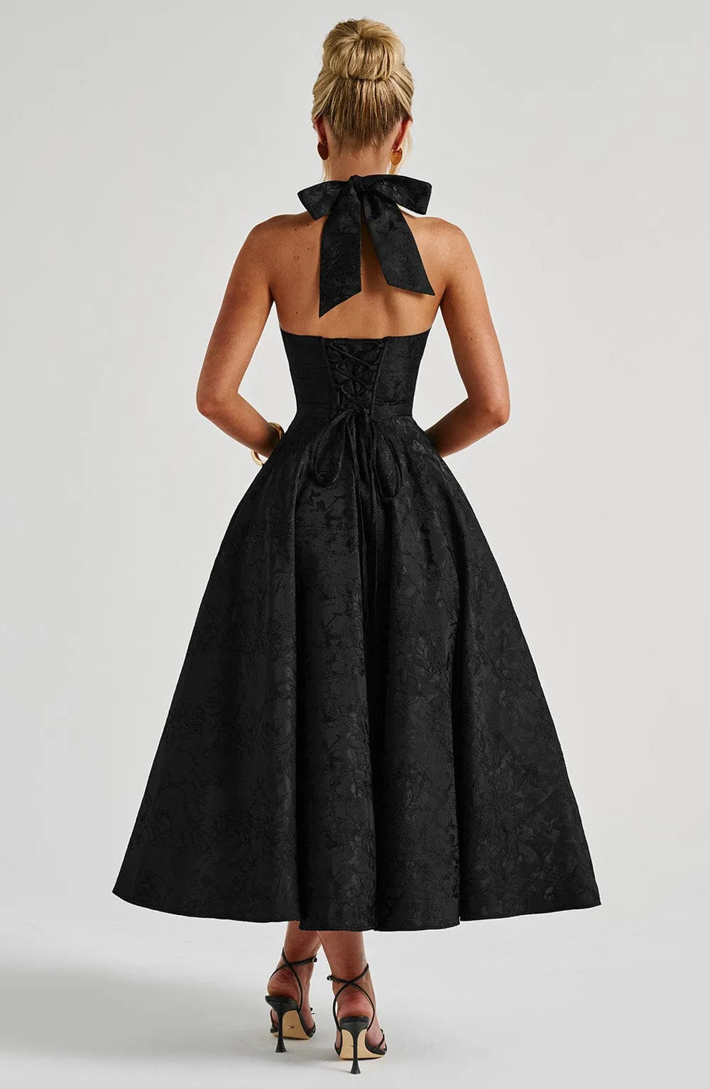 Floral Jacquard Halter Neck Midi Dress