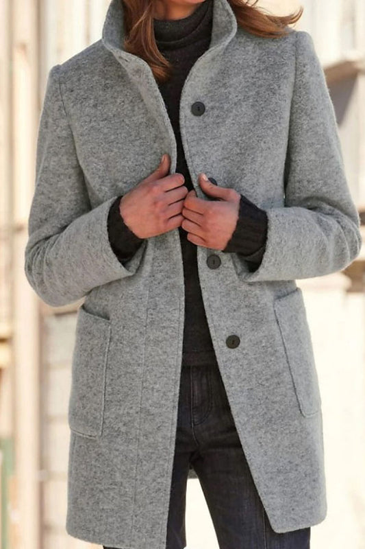 Solid color button stand collar woolen coat