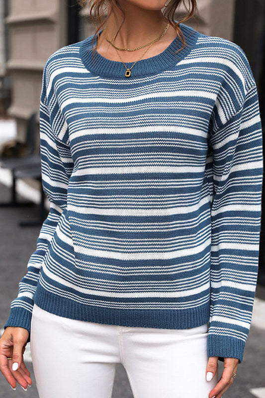 Crew neck casual ribbed striped sweater