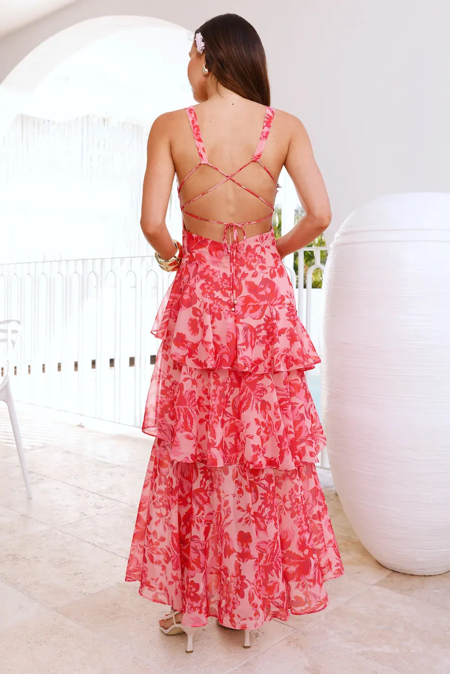 Sleeveless Deep V-Neck Floral Print Tiered Ruffle Dress - Strappy Back Detail