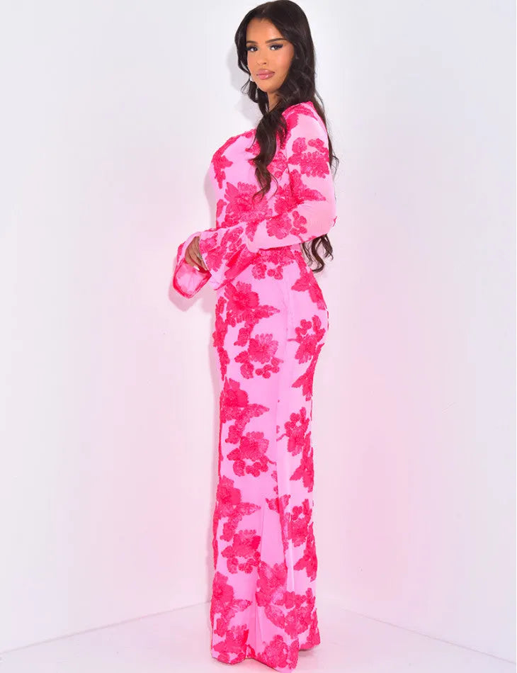 Daniela Floral Embossed Long Sleeve Bodycon Maxi Dress