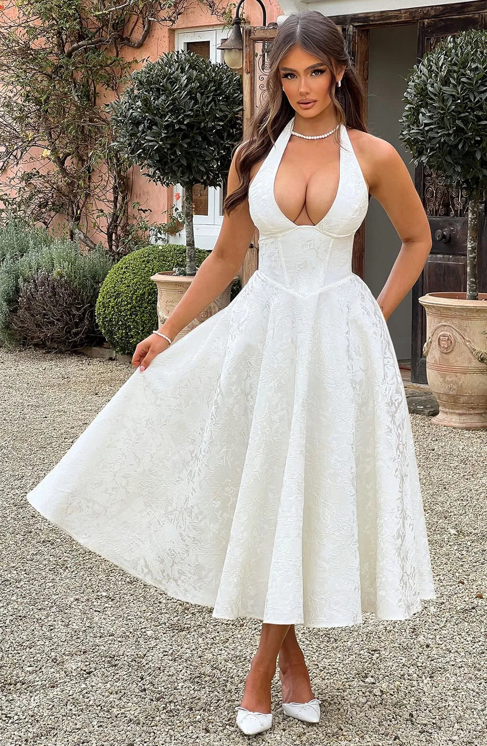 Floral Jacquard Halter Neck Midi Dress
