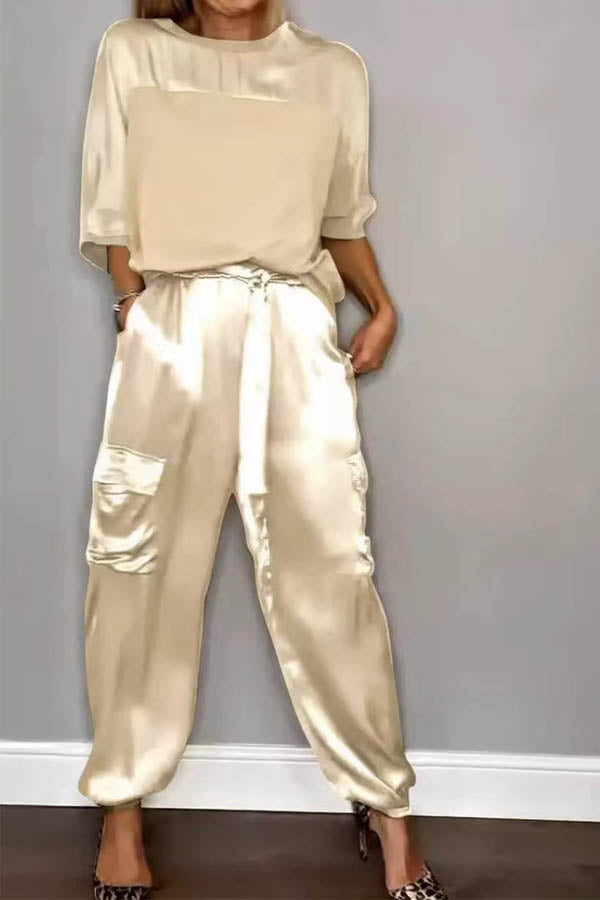 Casual Solid Color Tops & Loose Fit Pants Set