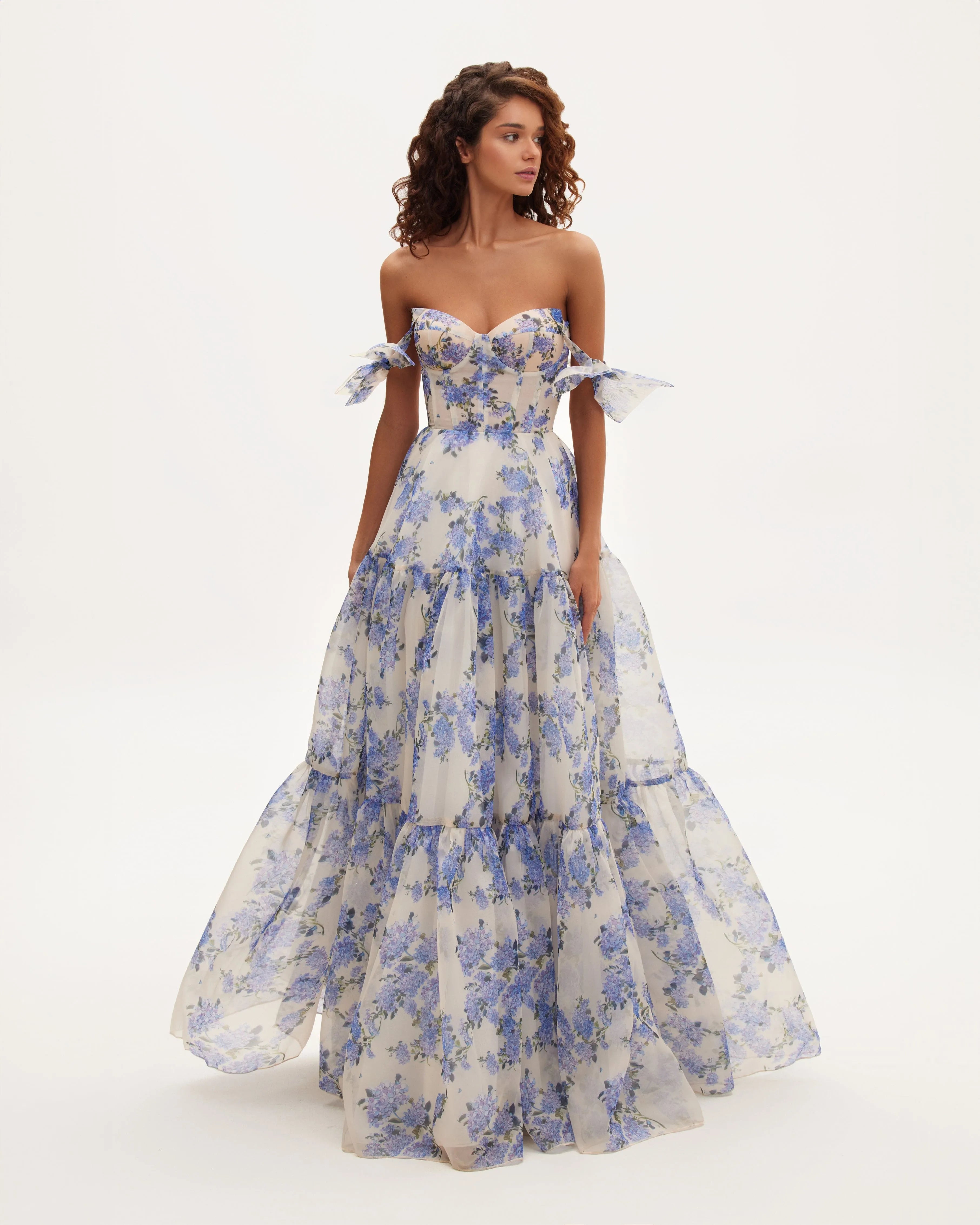 Hydrangea Floral Print Organza Maxi Dress with Tie Straps & Corset Bodice