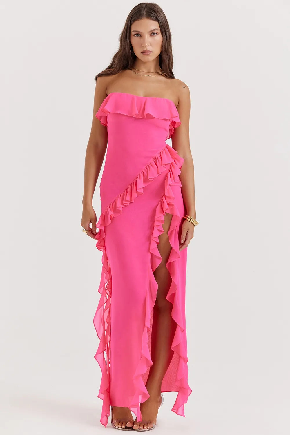 Petal-Hued Ruffle Strapless Maxi Dress