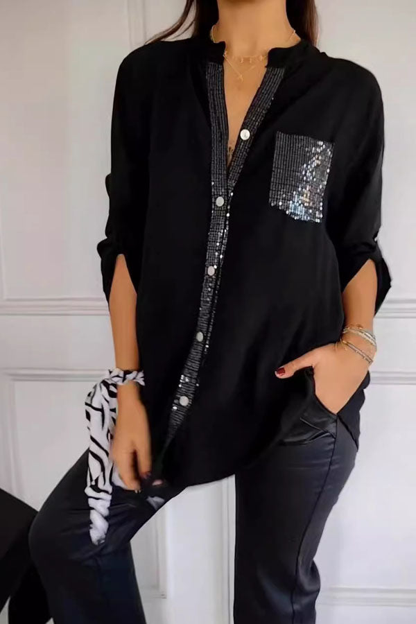 Casual loose sequin patchwork shirt