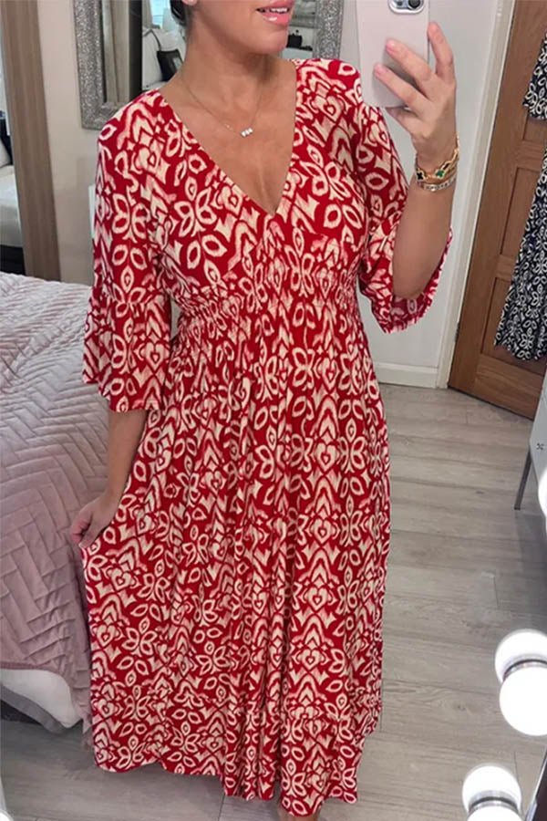 Bohemian Casual Print V-neck Shirred Waist Long Dress