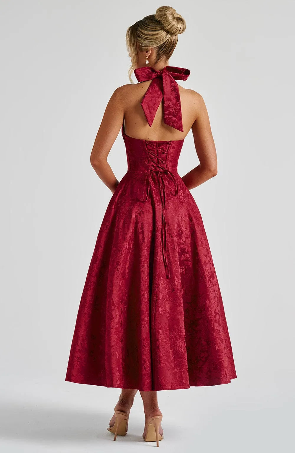 Floral Jacquard Halter Neck Midi Dress