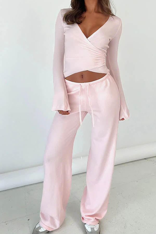 Long Sleeve V-Neck Solid Color Tie Waist Drawstring Loose Pants Set