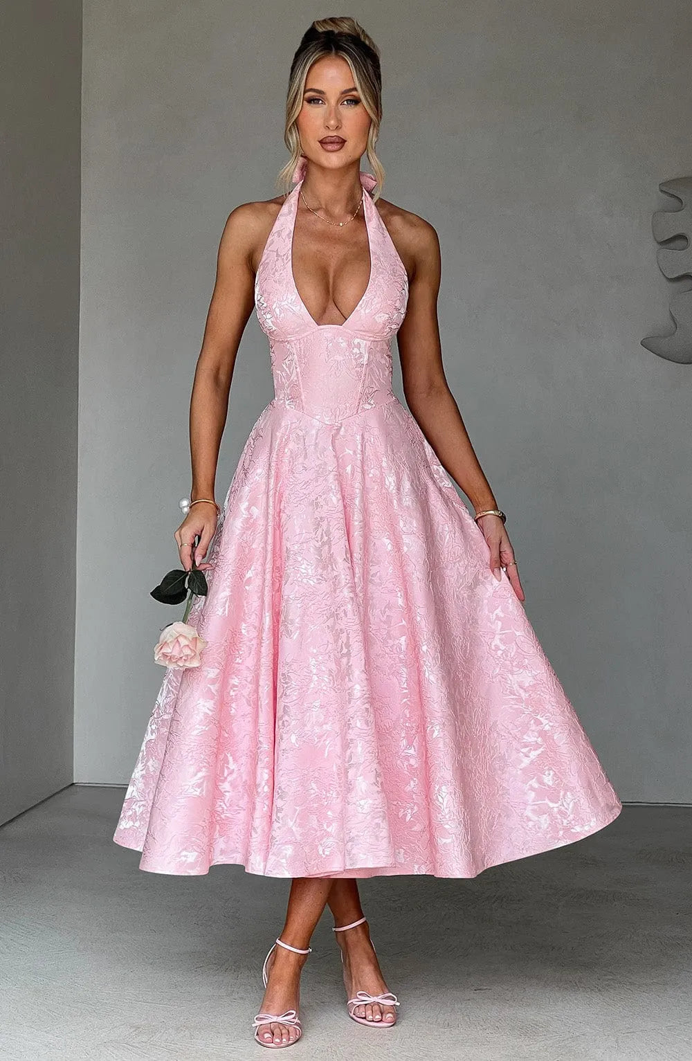 Floral Jacquard Halter Neck Midi Dress