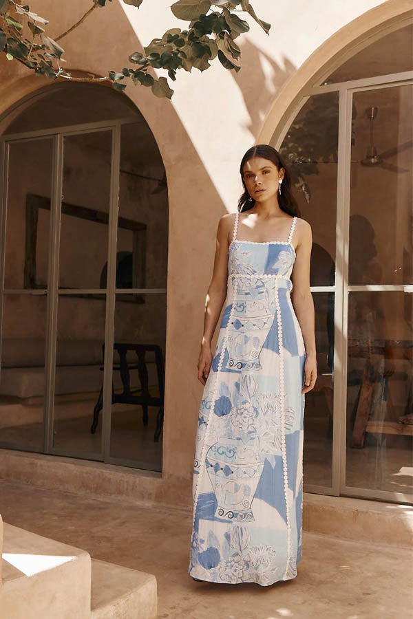 Unique Printed Back Tie Halter Flared Maxi Dress