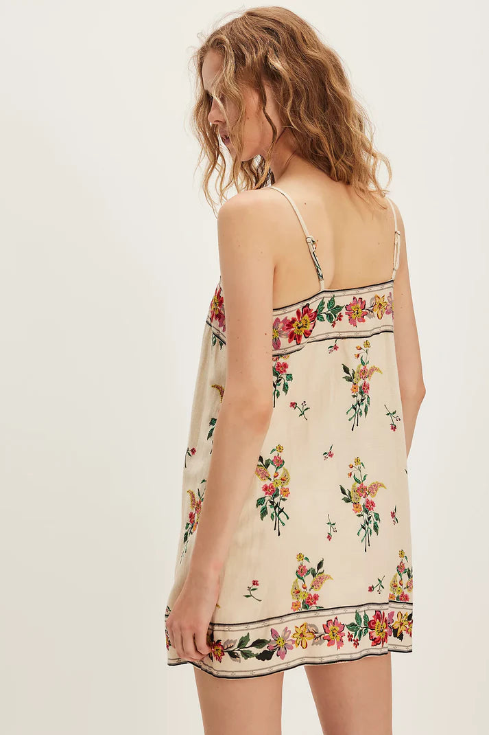 2025 Floral Slip Midi Dress - Sweet Beige Linen Blend with Fresh Summery Charm