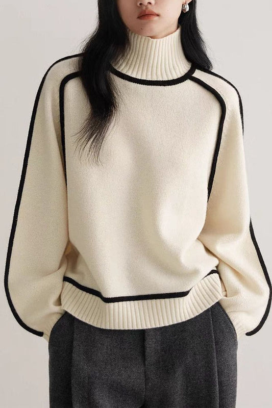 Elegant Colorblocking High Neck Loose Solid Color Sweater