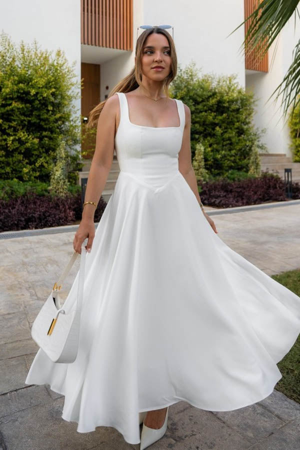High Waisted Square Neck Midi Dress