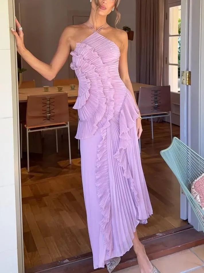 Pleated Frill Halter Neck Midi Dress