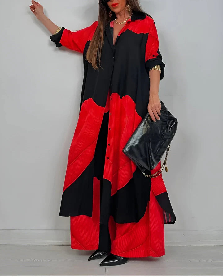Artistic Print Set - Flowy Blouse & Trousers for Modern Comfort and Charm