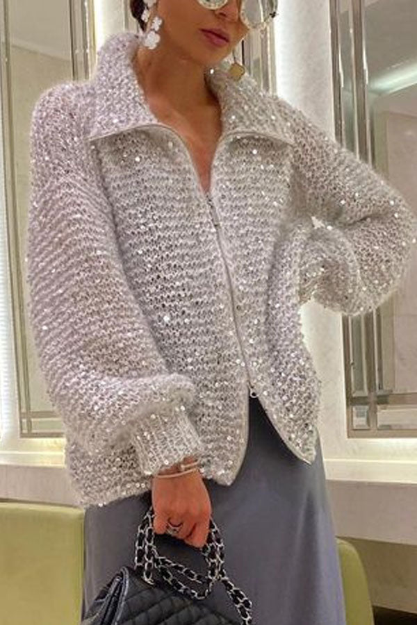 Sequined V-neck sweater coat