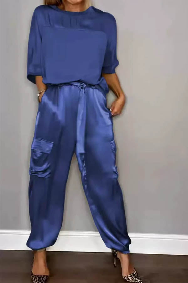 Casual Solid Color Tops & Loose Fit Pants Set