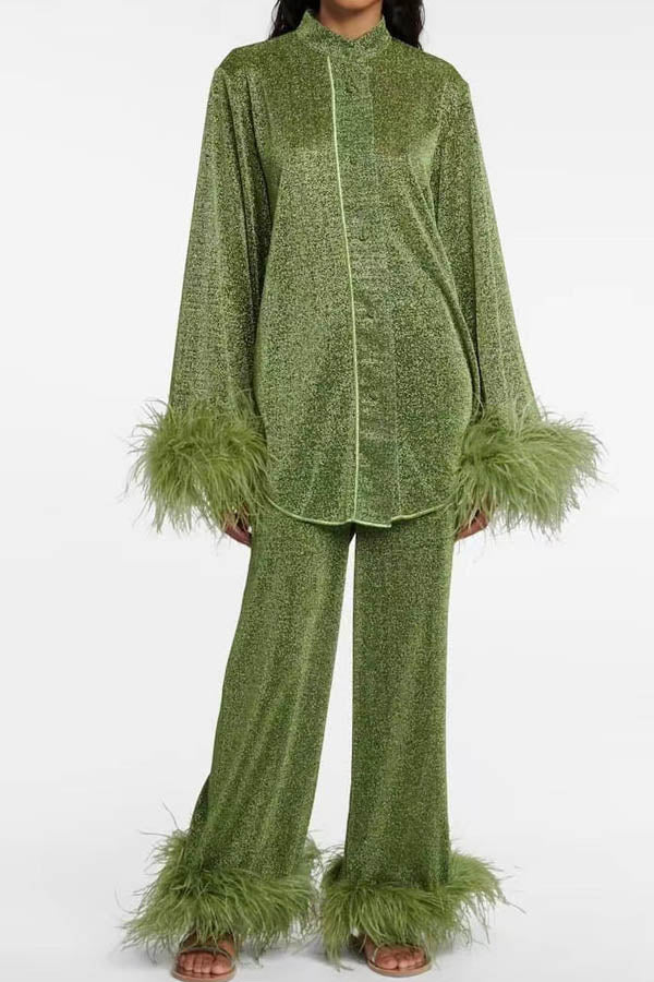 Feather Embellished Stand Collar Shirt Wide Leg Pants Set