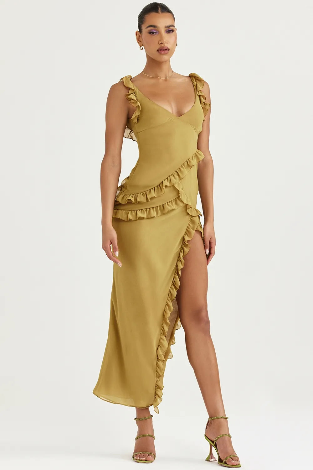 Tropical Ruffle Plunge Maxi Dress