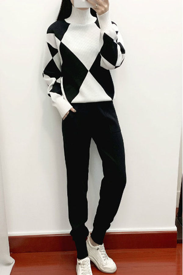 Casual Knitted Plaid Sweater Two-piece Set