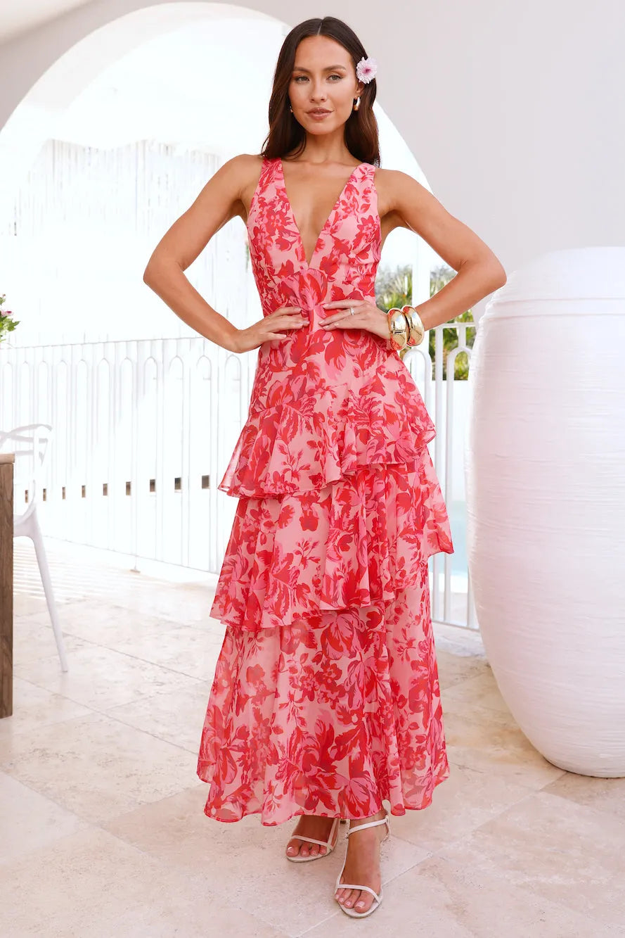 Sleeveless Deep V-Neck Floral Print Tiered Ruffle Dress - Strappy Back Detail