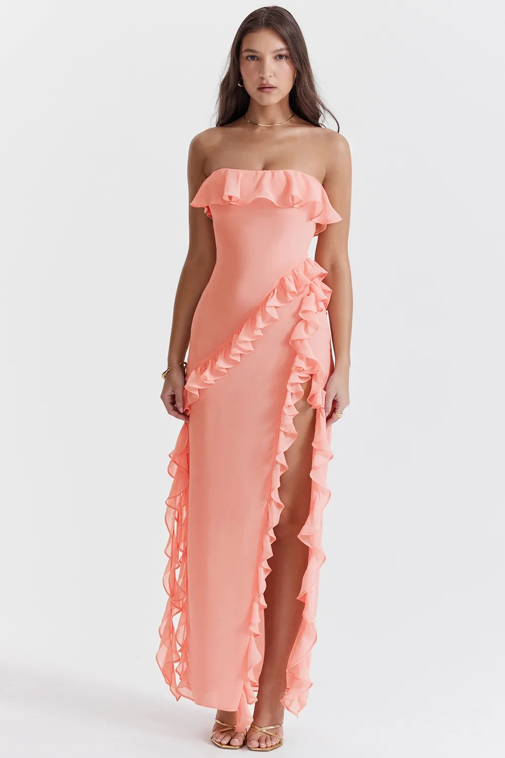 Petal-Hued Ruffle Strapless Maxi Dress