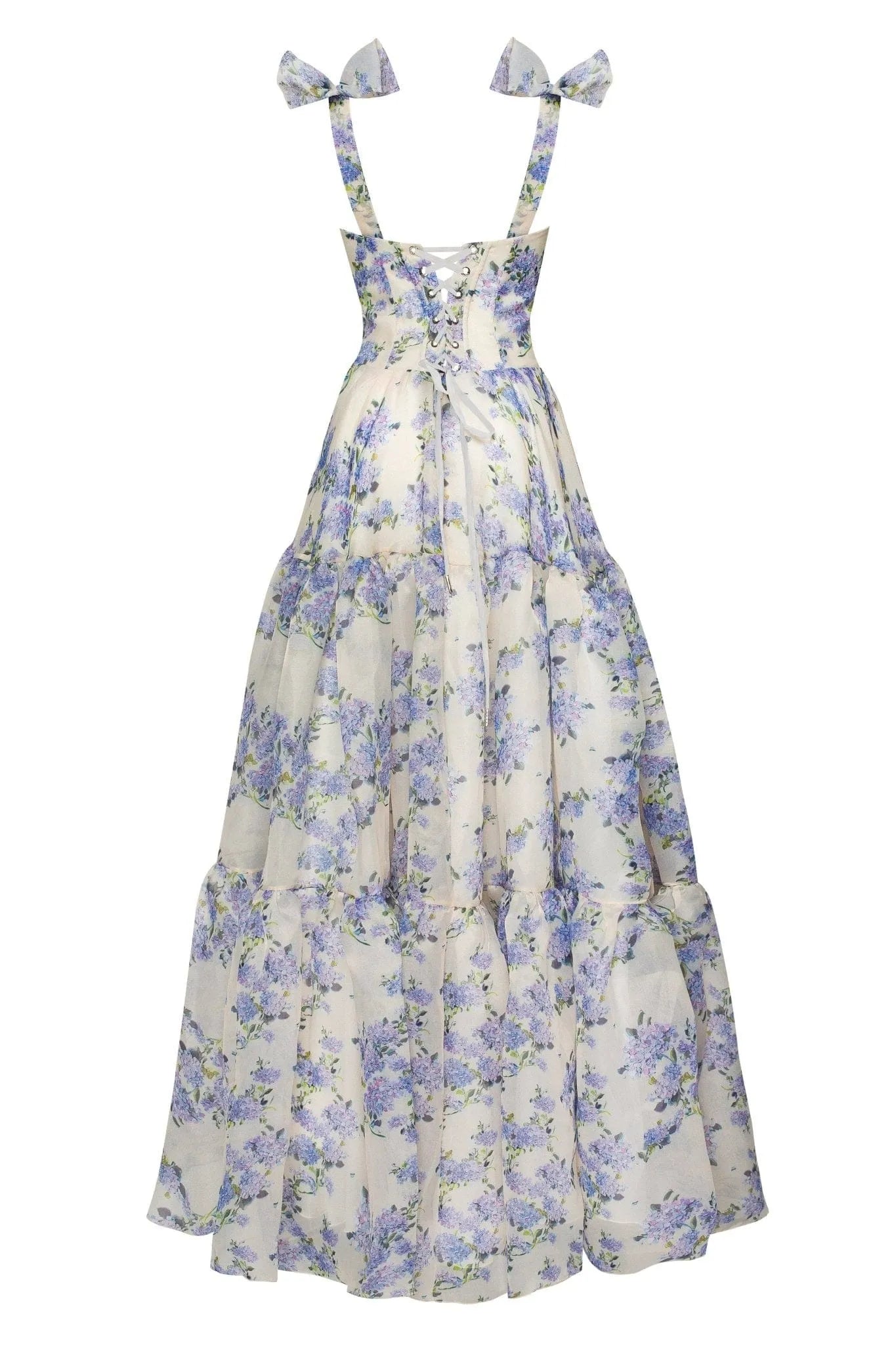 Hydrangea Floral Print Organza Maxi Dress with Tie Straps & Corset Bodice