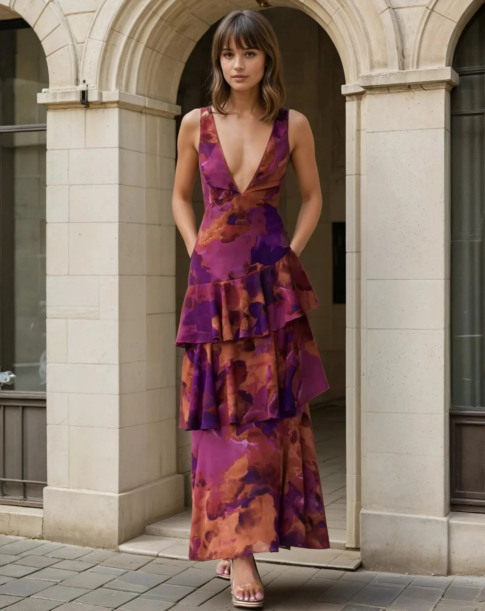 Sleeveless Deep V-Neck Floral Print Tiered Ruffle Dress - Strappy Back Detail