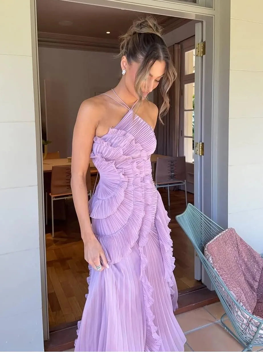 Pleated Frill Halter Neck Midi Dress
