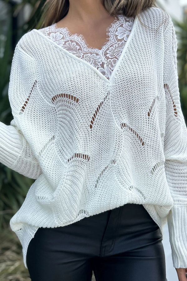 White Lace Hollow out Knitted Sweater