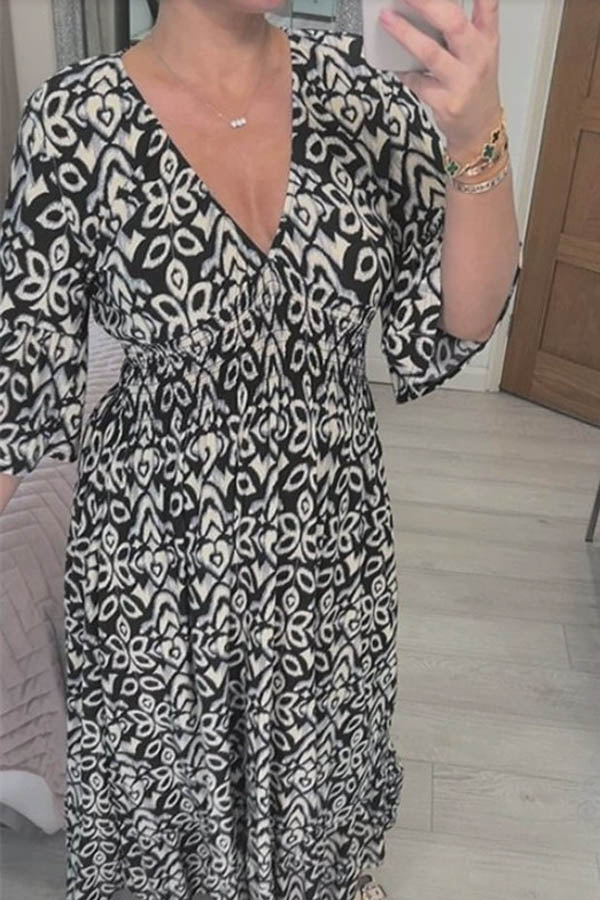 Bohemian Casual Print V-neck Shirred Waist Long Dress