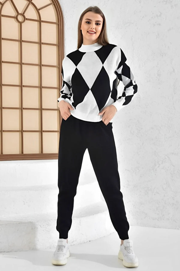 Casual Knitted Plaid Sweater Two-piece Set