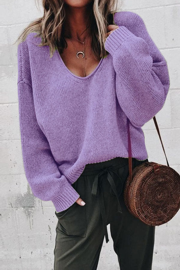 V-Neck Solid Color Sweater Bottom Shirt