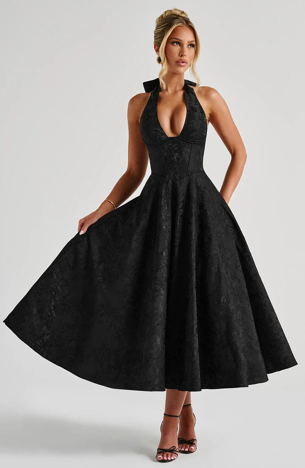 Floral Jacquard Halter Neck Midi Dress